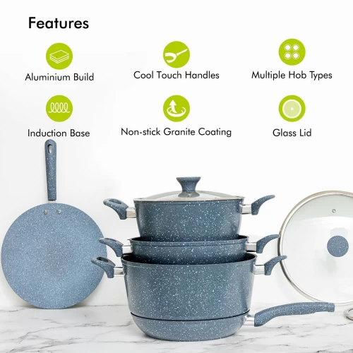FIVE-PIECE NON-STICK GRANITE COOKWARE SET WITH UTENSILS