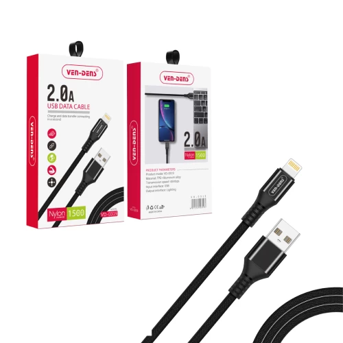 USB to Lightning Fast Charging Cable 2A Nylon Cable Black (1.5 Metre)