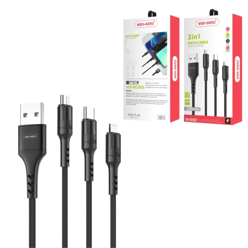 3 In 1 USB to Type C Lightning and Micro Charging Cable Black (1.2 Metre)