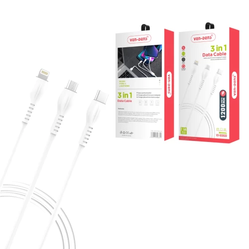 3 In 1 USB to Type C Lightning and Micro Charging Cable 2.5A (1.2 Meter)