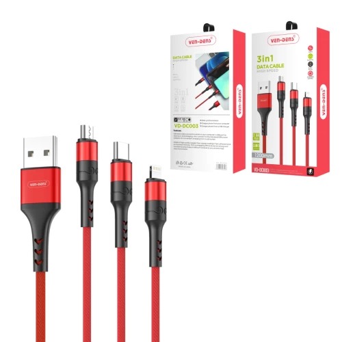 3 In 1 USB to Type C Lightning and Micro Charging Cable RED (1.2 Metre)