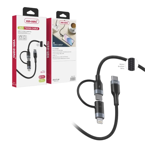 2 In 1 USB-C To USB-C + Lightning PD Data Cable 20W Braided Black (1 Metre)
